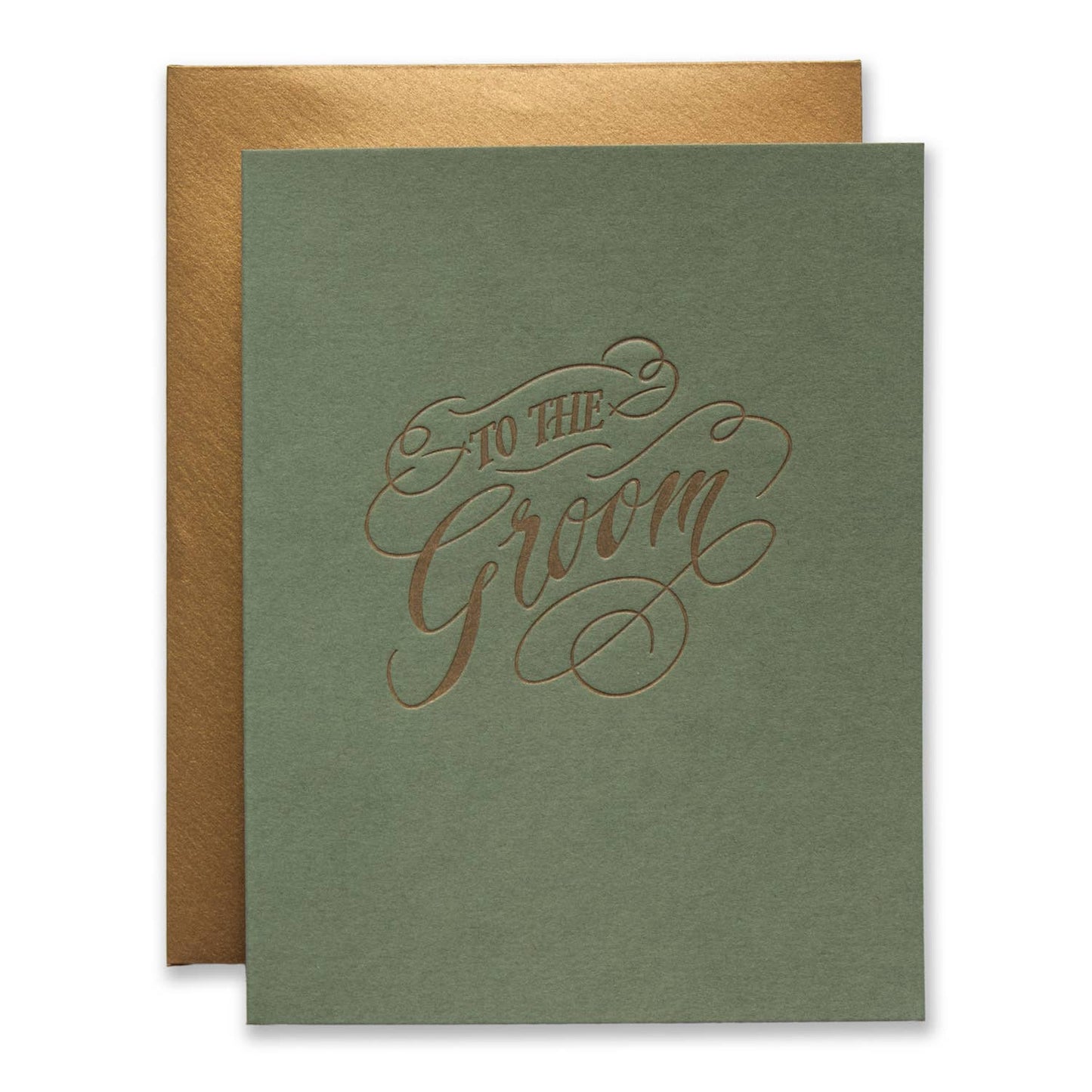 An olive green wedding card with 'To the Groom' written in elegant metallic rose-gold cursive, shown with a matching metallic gold envelope behind it on a white background.