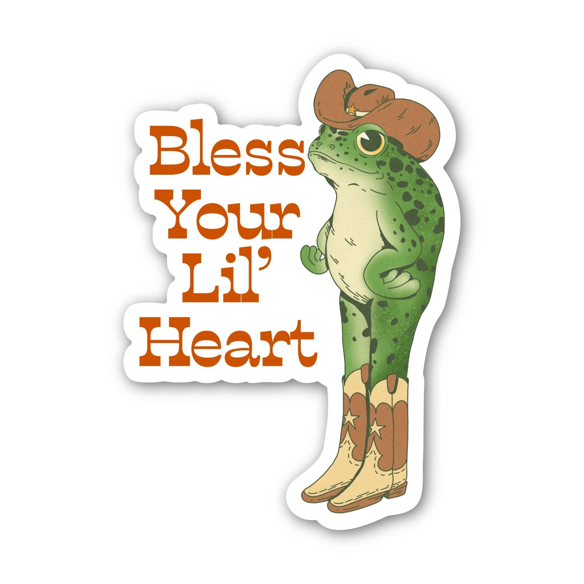 Sticker with a frog wearing a cowboy hat and boots, and text 'Bless Your Lil' Heart' on a white background.