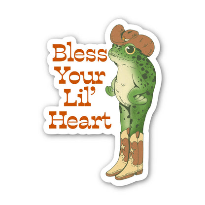 Sticker with a frog wearing a cowboy hat and boots, and text 'Bless Your Lil' Heart' on a white background.