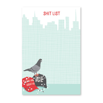 Notepad with pigeon illustration and text on a cityscape background