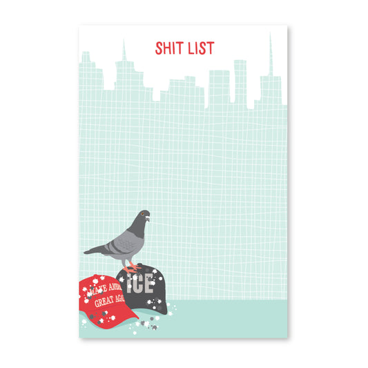 Notepad with pigeon illustration and text on a cityscape background