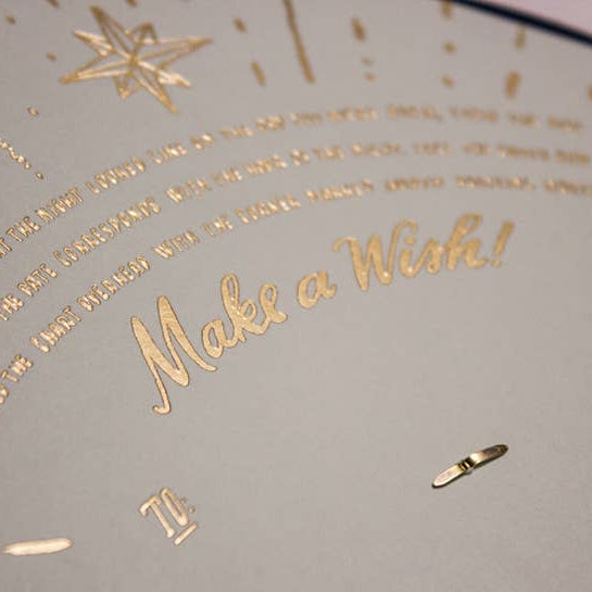 Gray card with gold 'Make a Wish!' text and star designs
