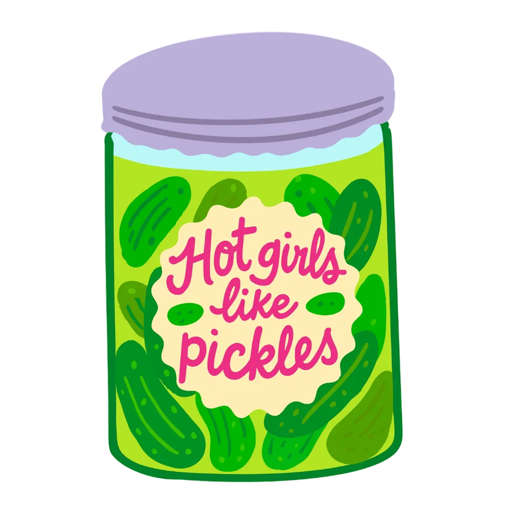 Sticker design of a jar of pickles with text 'Hot girls like pickles' on a white background